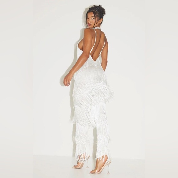 PrettyLittleThing White Fringe Jumpsuit - Picture 2 of 7